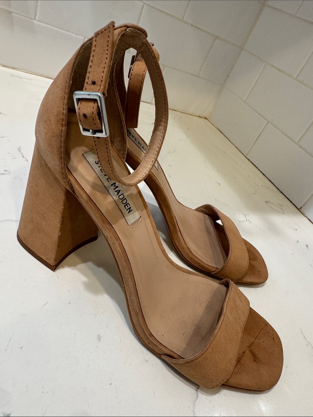 Steve Madden Nude/Tan Block Heel Ankle-Strap Sandals - Picture 6 of 10